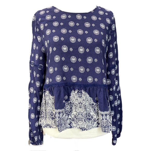 Wild Blue Sadie Robertson Navy Blouse Boho Long Sleeve Pleated Peplum M B38 - Picture 1 of 7